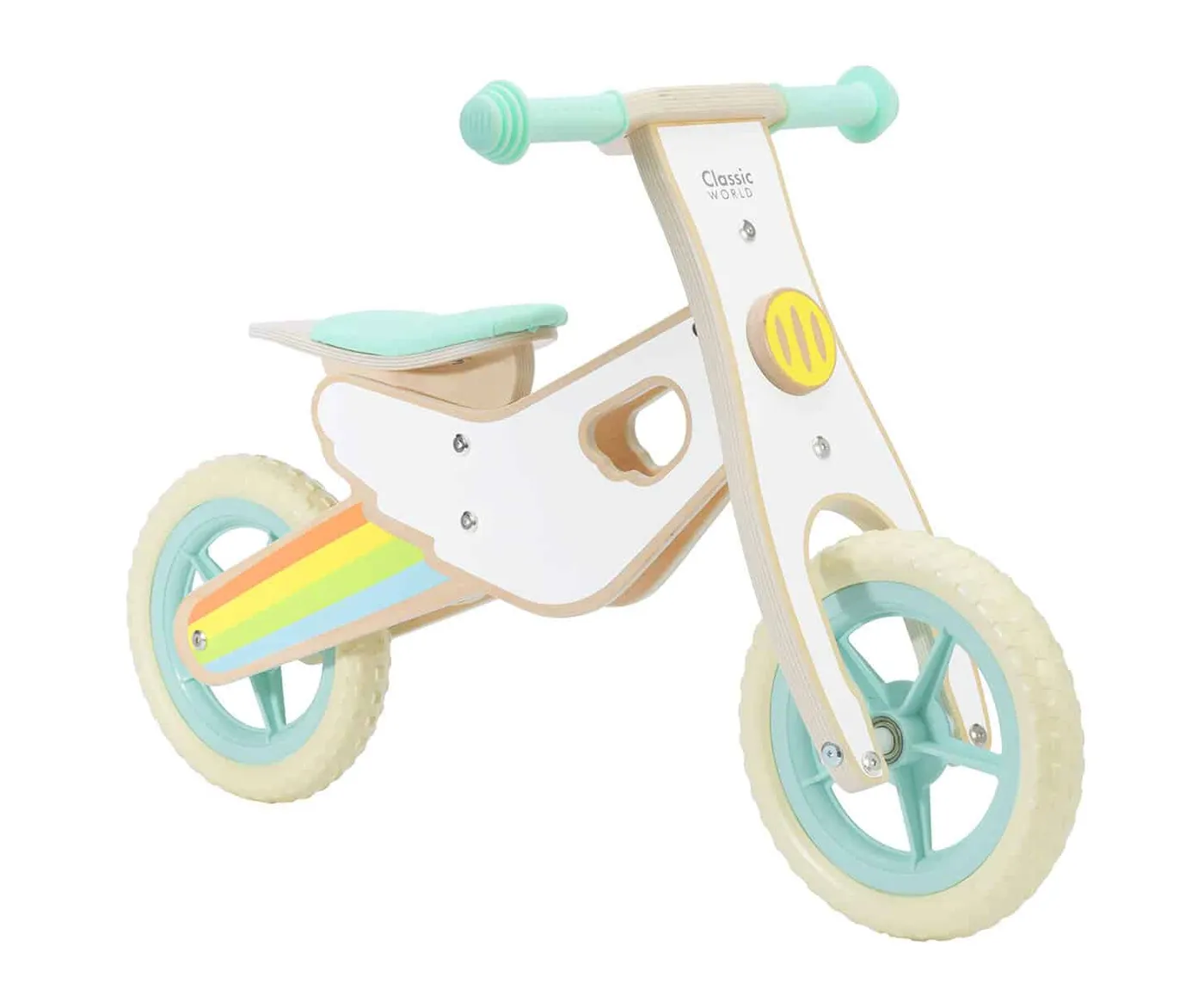 Vélo d'équilibre arc-en-ciel en bois — jeu d'extérieur pour enfants